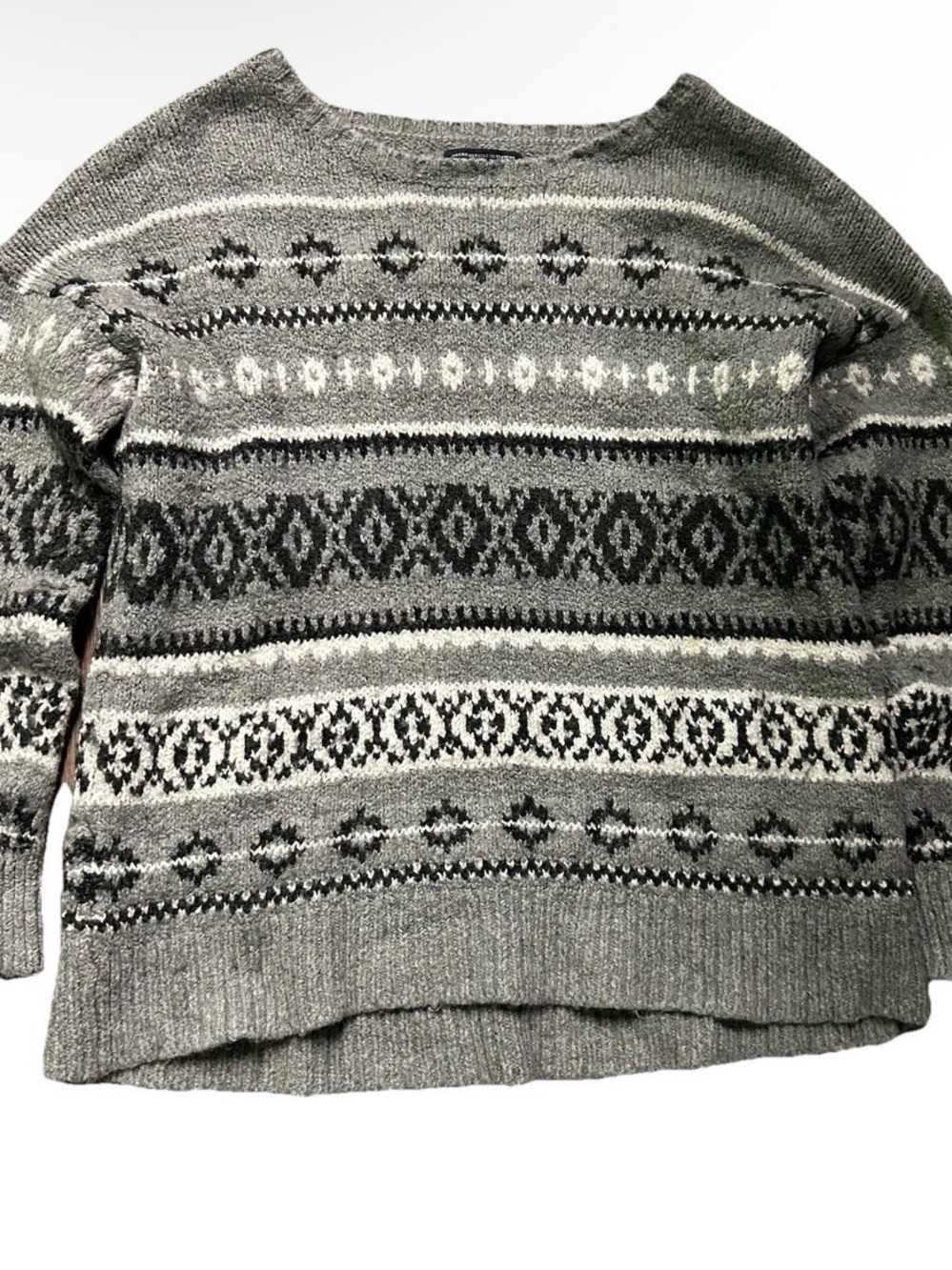 Women’s American Eagle Grey Plush Sweater Black White Detail Size XL